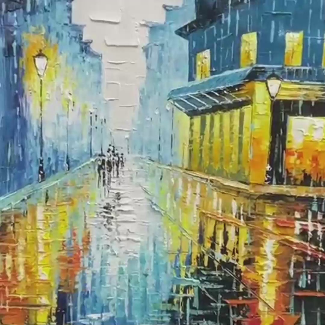 Textured Cityscape Painting, Rainy Street Scene, Blue, Living Room, Dining Room, Office