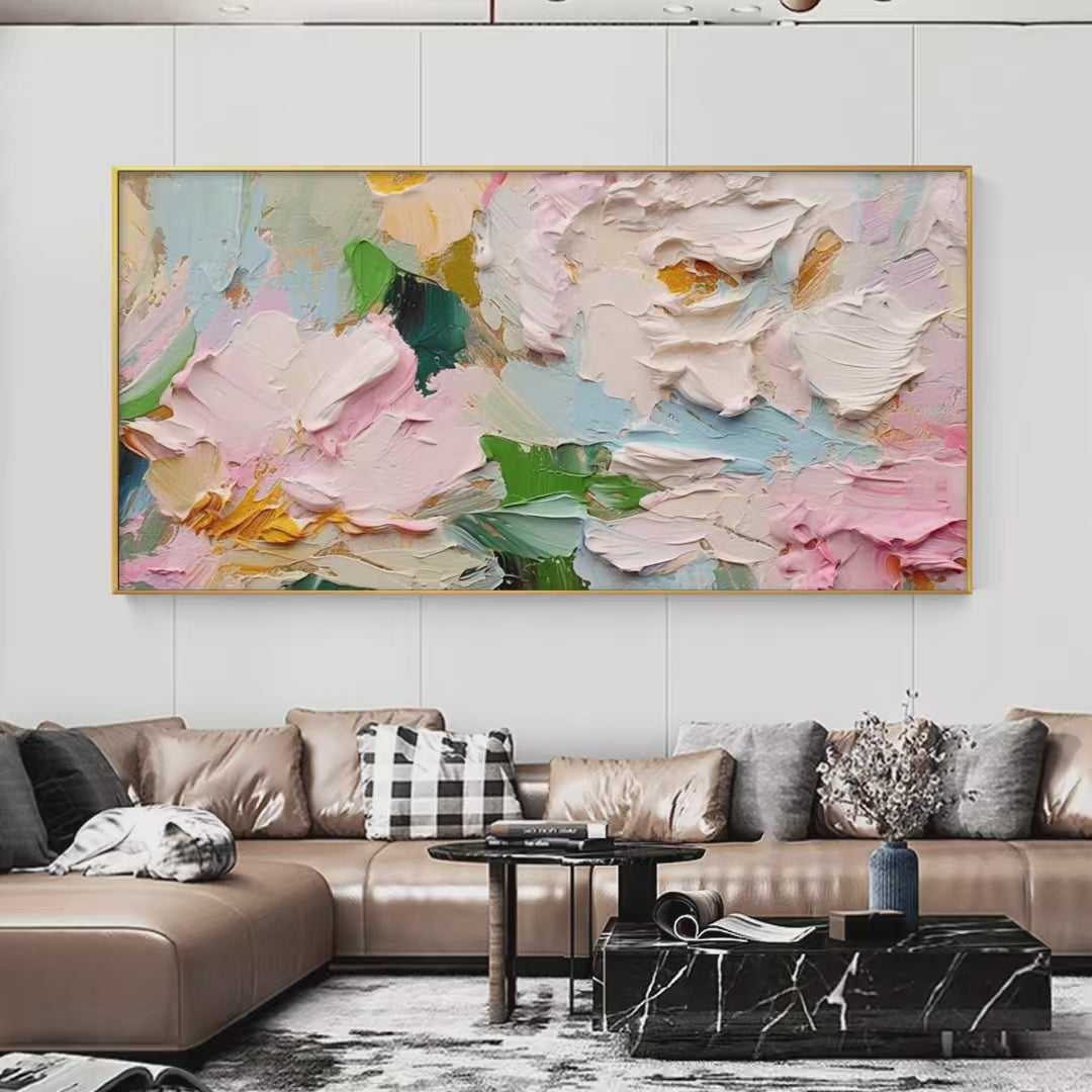 Spring Bouquet: Textured Floral Painting | Pastel Wall Art | Panoramic Canvas | Impasto Decor