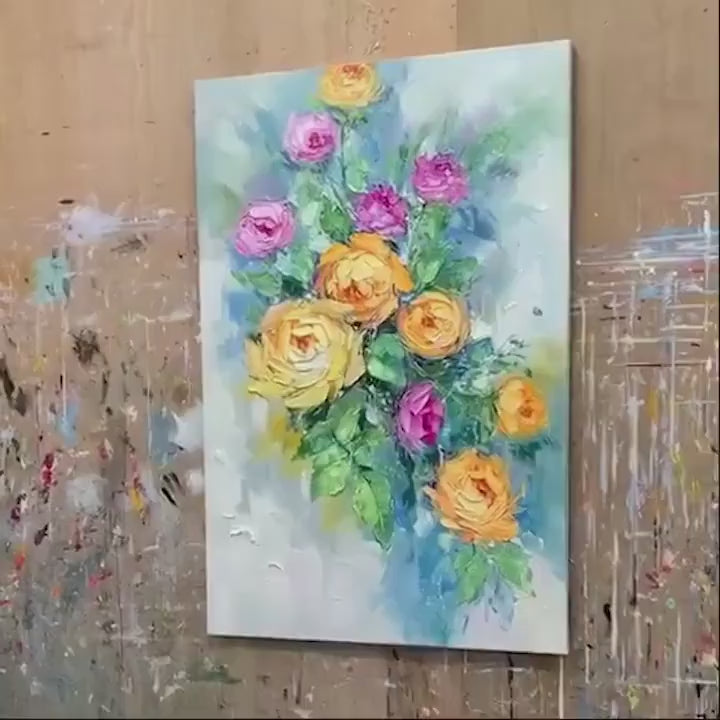 Vertical Textured Floral Oil Painting on Canvas