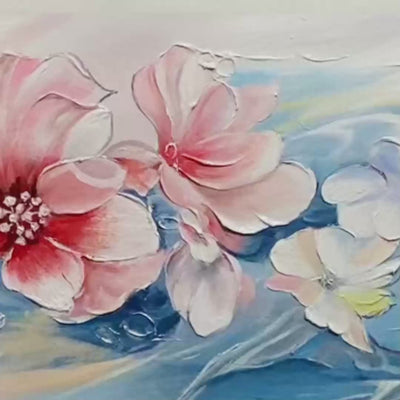 Panoramic Floral Painting in Pink and Blue, Modern Impressionist Wall Art