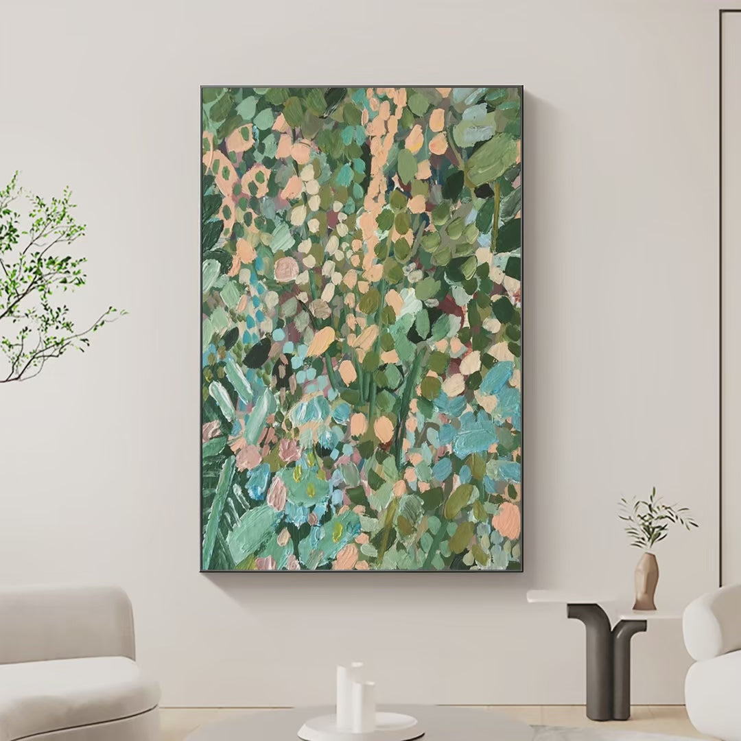Enchanted Garden: Vertical Abstract Floral Painting in Green, Blue & Peach