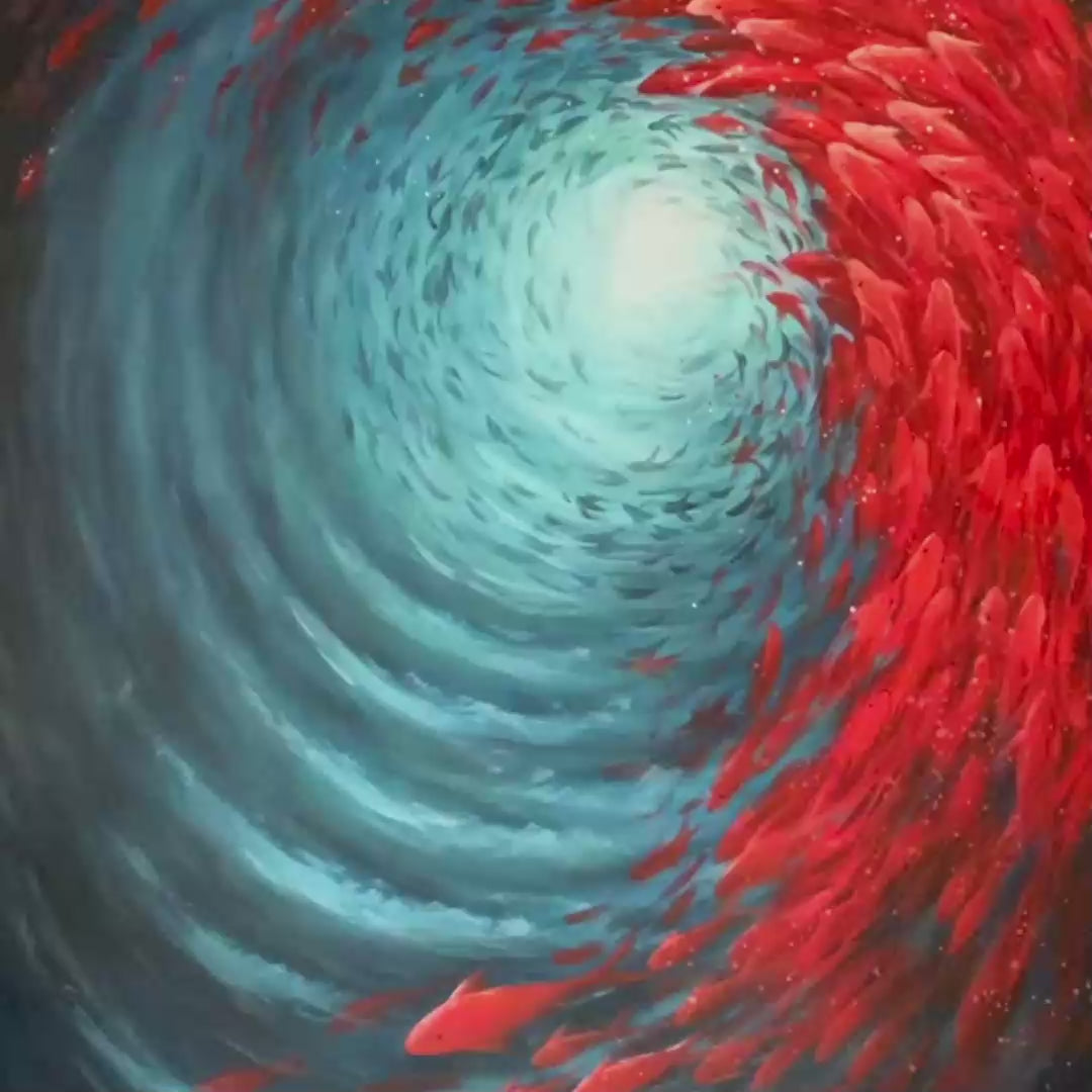 Oceanic Dance: Original Abstract Fish Oil Painting - Red and Blue Ocean Vortex Wall Art