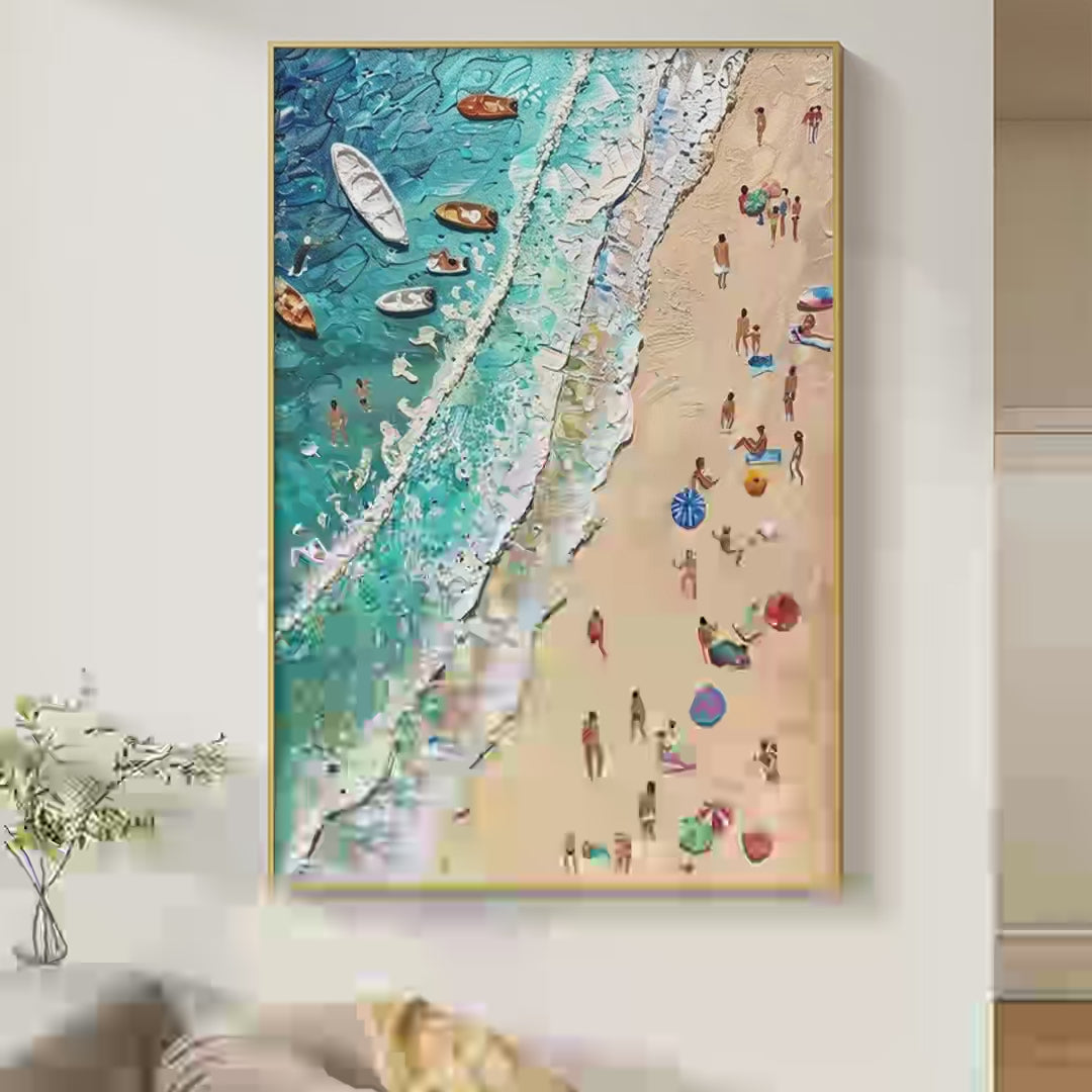 Sun-Kissed Shores Textured Beach Scene Painting with Figures Beach Decor