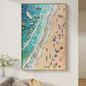 Sun-Kissed Shores Textured Beach Scene Painting with Figures Beach Decor