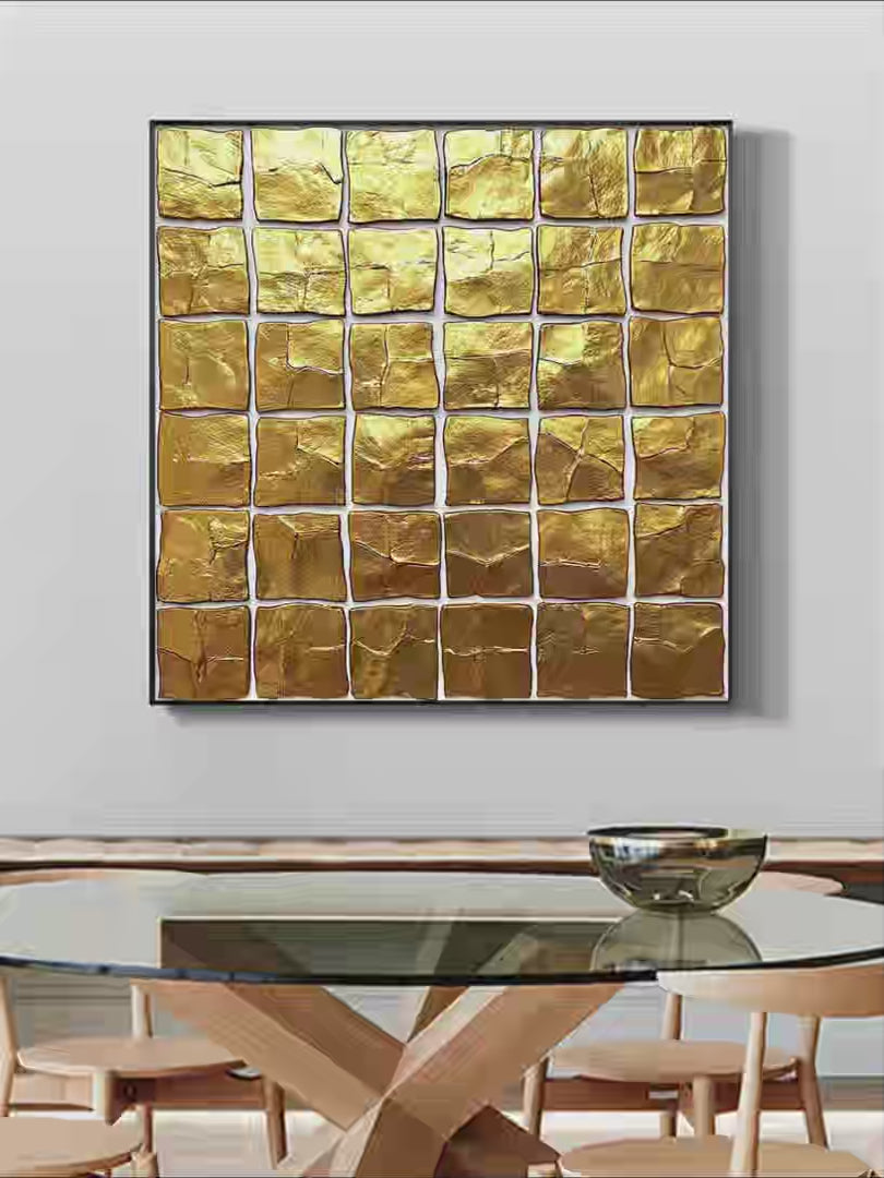 GOLDEN GRID: Textured Minimalist Abstract Oil Painting in Gold