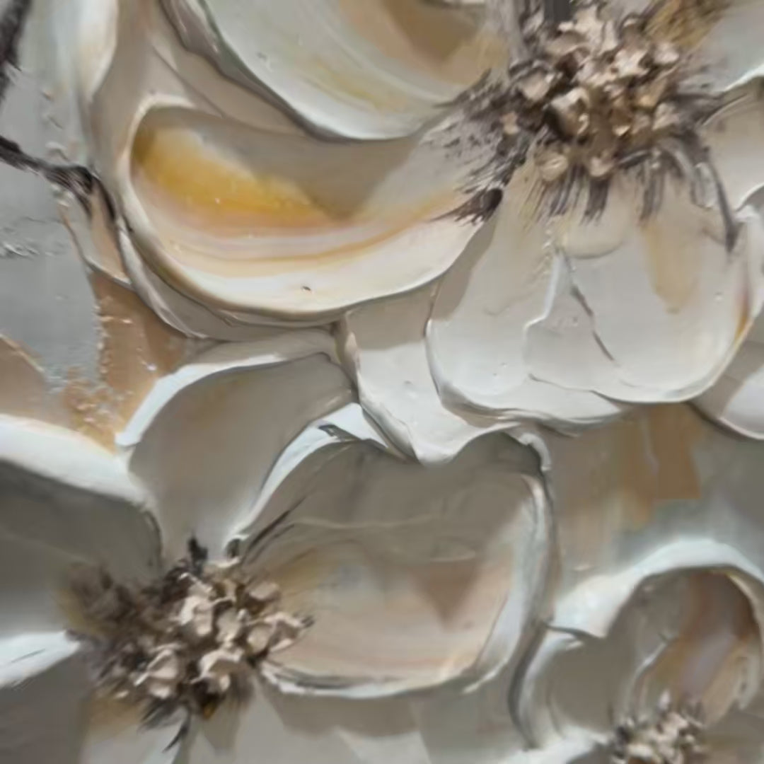 White Blossom Serenade: Original 3D Floral Oil Painting - Textured White Wall Art Decor