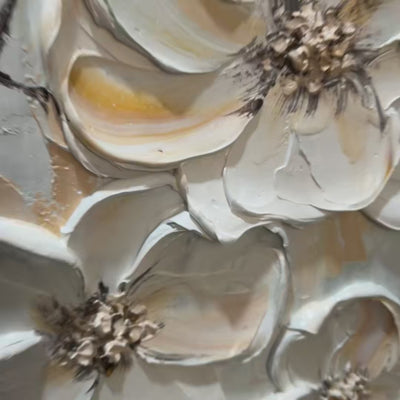 White Blossom Serenade: Original 3D Floral Oil Painting - Textured White Wall Art Decor
