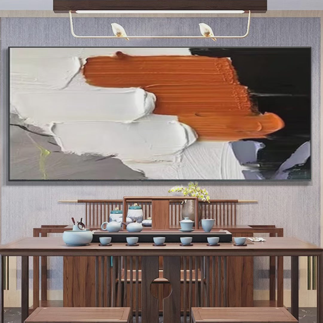 Orange Burst: Textured Abstract Painting in Orange, White & Black for Modern Decor