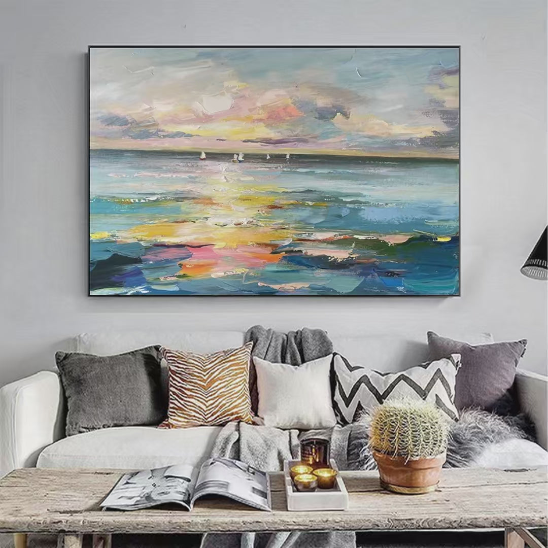 Sunset Sail: Seascape Painting | Impasto Texture | Ocean View | Panoramic Wall Art | Horizontal