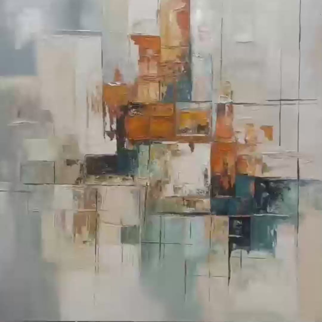 Abstract Cityscape Painting by Javier Ramirez, Textured Geometric Wall Art