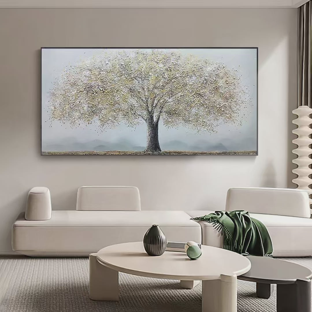 Golden Tree: Textured Tree Painting in Gold and Grey | Tree Decor
