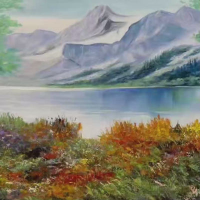 Panoramic autumn landscape painting: lake reflecting mountains, vibrant fall foliage by Chen Liu.
