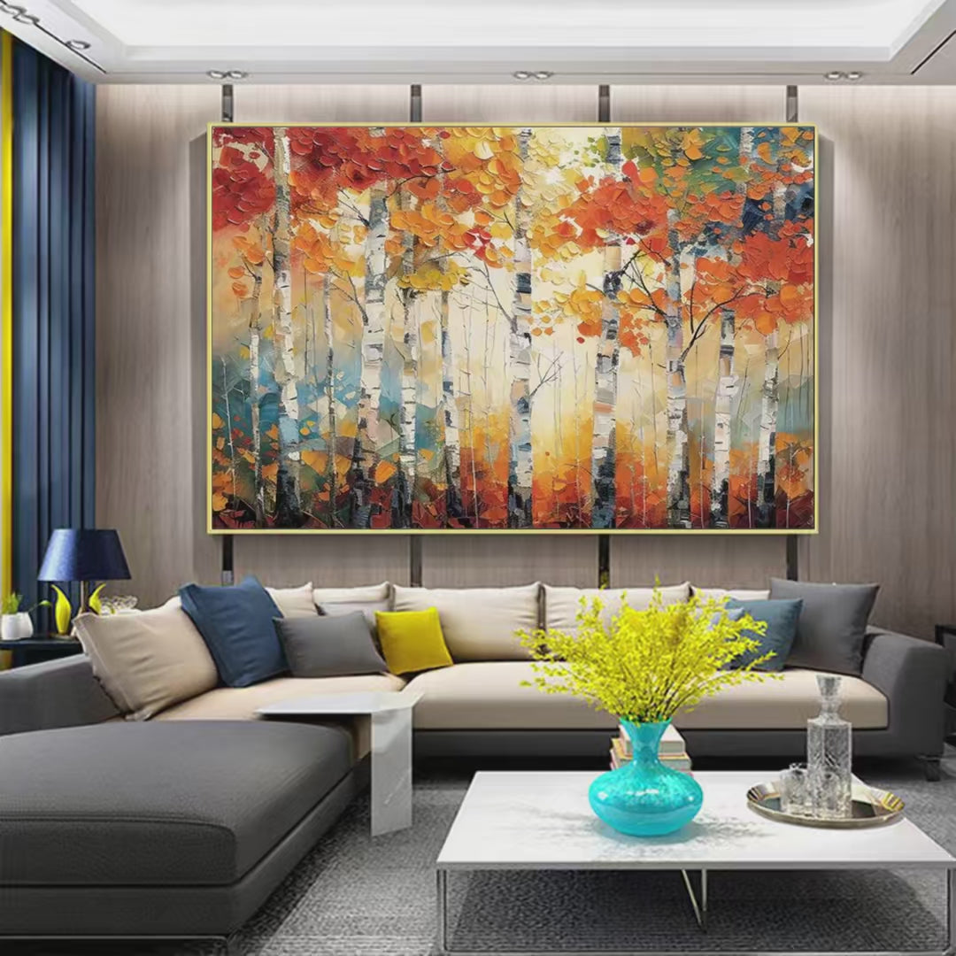 Autumn Aspen: Textured Forest Painting | Impasto Wall Art | Horizontal Canvas | Fall Decor