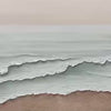 Liam O'Connell's Serene Shore painting: textured coastal landscape with beige waves and sandy shore, framed.