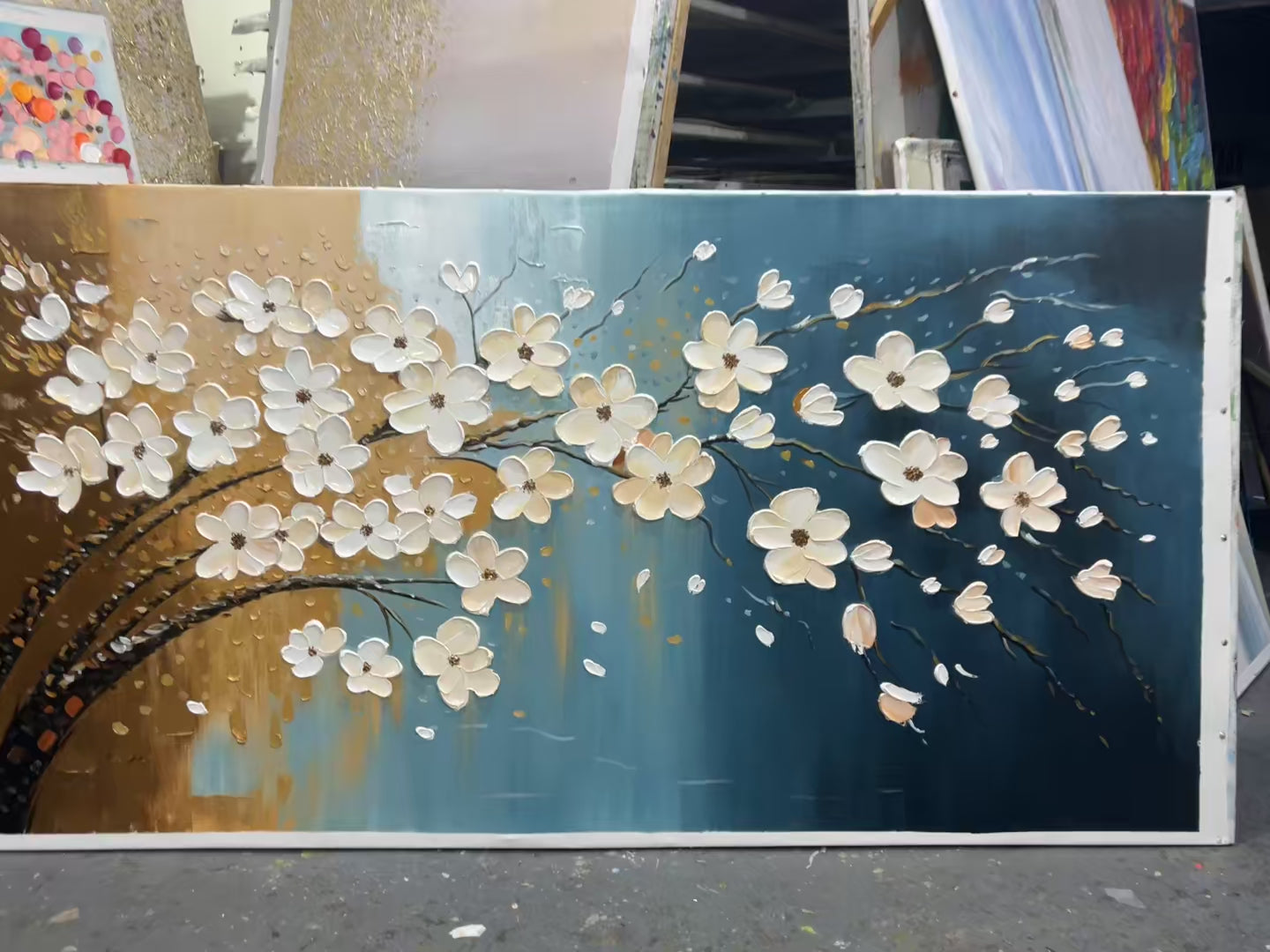 Floral Tree Oil Painting - Hand-Painted Blue and Gold Wall Art Decor