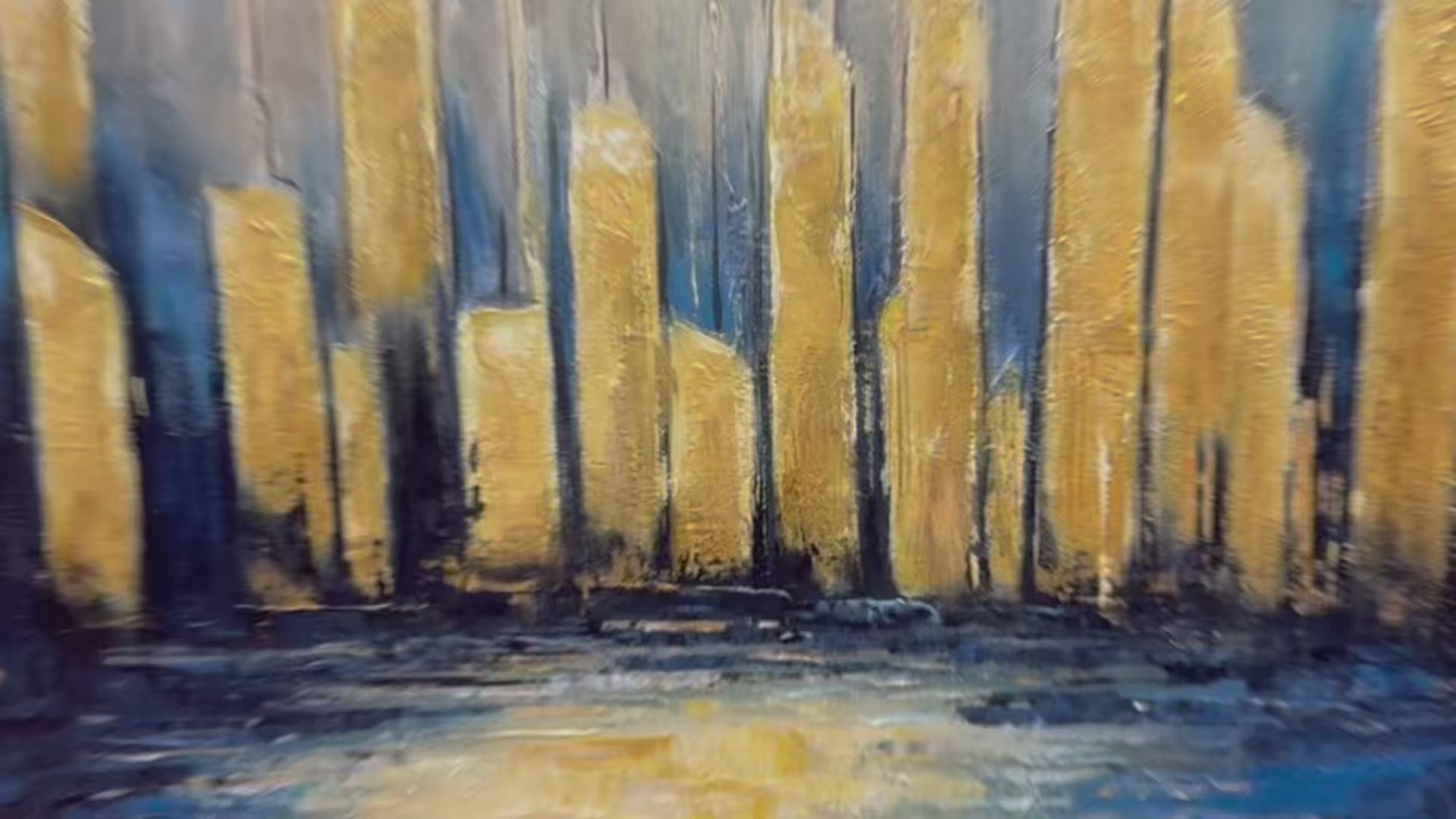 Golden Metropolis: Original Panoramic Cityscape Oil Painting - Gold and Blue City Wall Art