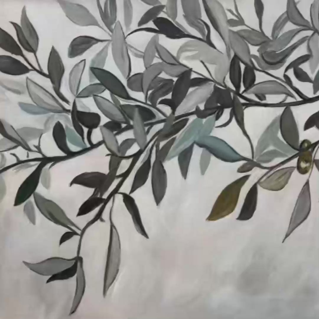 Panoramic botanical painting of an olive branch with muted green leaves on an off-white textured background.