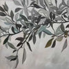 Panoramic botanical painting of an olive branch with muted green leaves on an off-white textured background.
