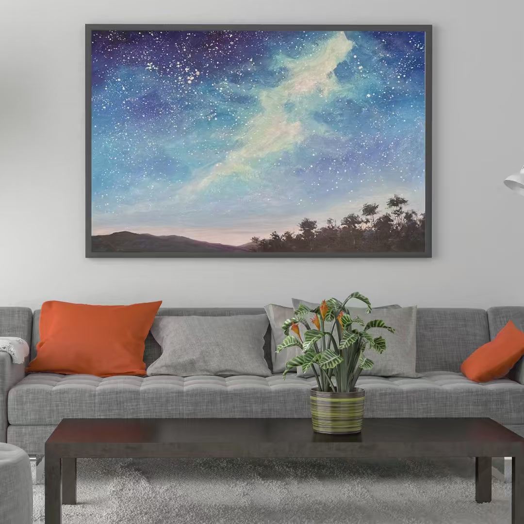 Celestial Dreamscape: Nightscape Painting | Starry Sky Wall Art | Panoramic Landscape | Horizontal Canvas