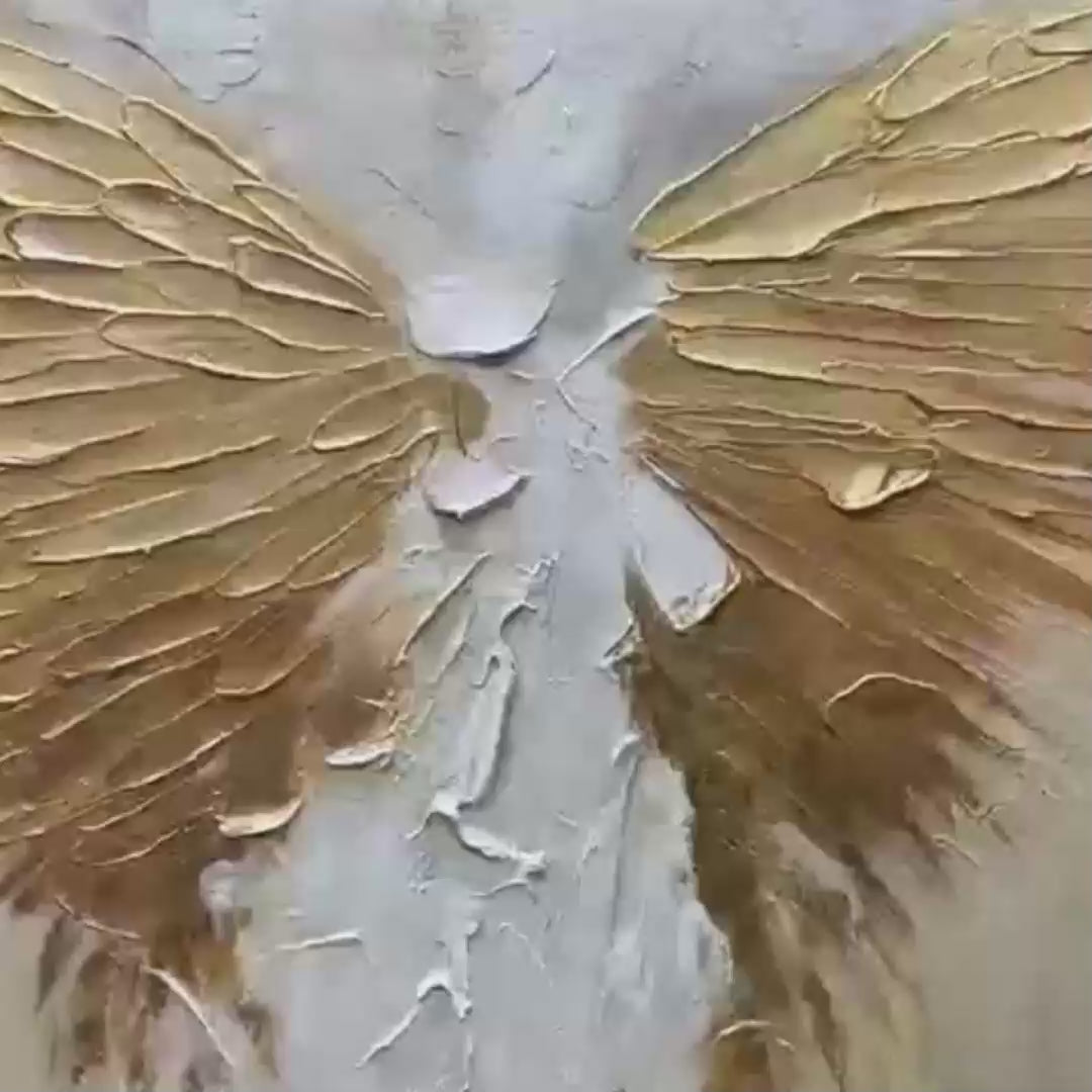 Textured abstract painting of golden wings on beige background, panoramic canvas art for modern decor