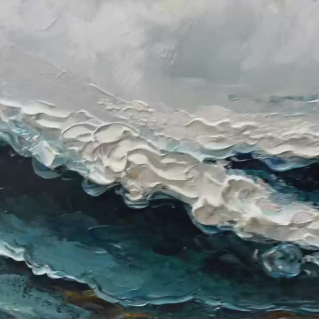Ocean Dream textured abstract painting by Liam O'Connell, featuring blue, white, and gold ocean waves in a black frame.