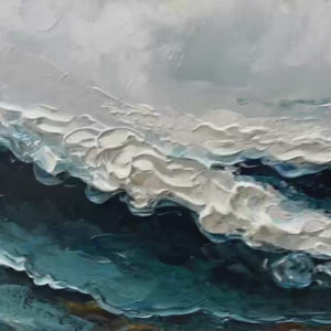 Ocean Dream textured abstract painting by Liam O'Connell, featuring blue, white, and gold ocean waves in a black frame.