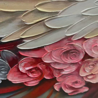 Panoramic Textured Impasto Painting of Floral Angel Wings, Romantic Wall Art, Bedroom Decor