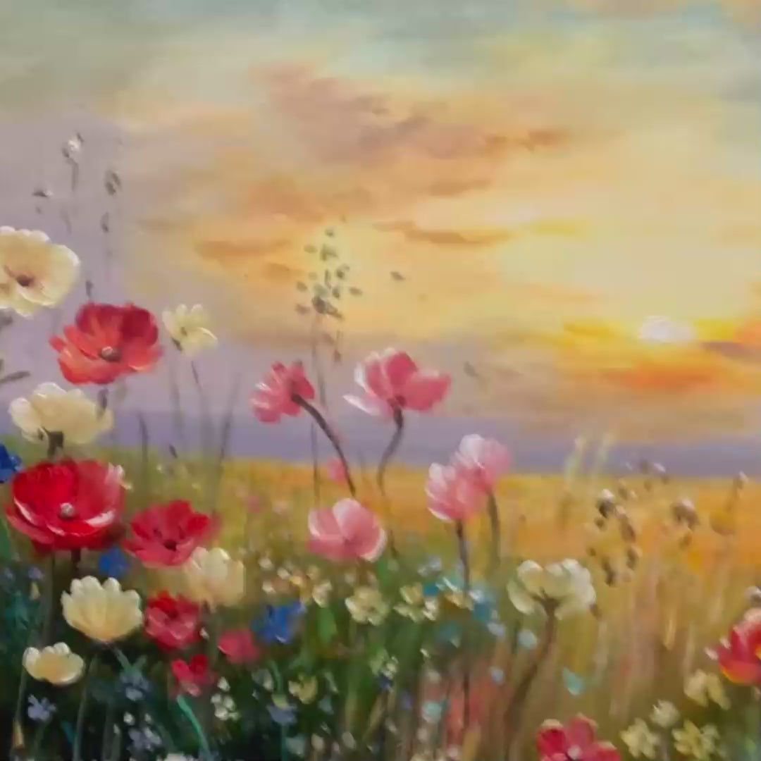 SUNSET FIELD: Colorful wildflower field painting at sunset by Liam O'Connell. Horizontal landscape art for home decor.