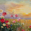 SUNSET FIELD: Colorful wildflower field painting at sunset by Liam O'Connell. Horizontal landscape art for home decor.