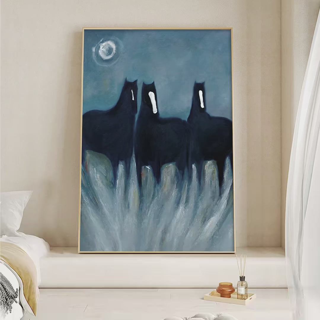 Three Horses at Night Minimalist Horse Painting Vertical Wall Art Modern Decor