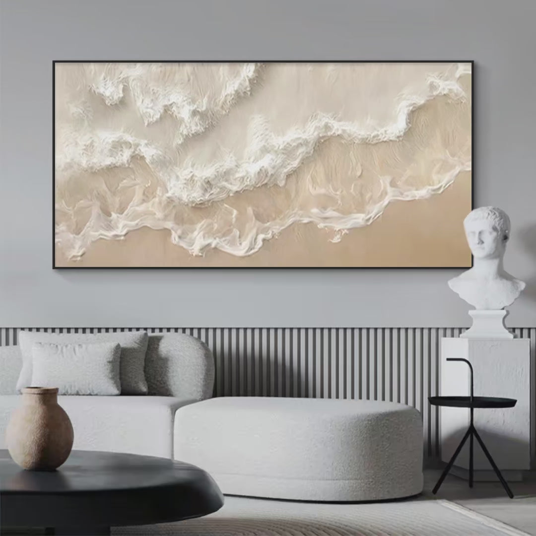 Sandy Whispers Minimalist Beach Waves Painting Horizontal Wall Art Beige Decor