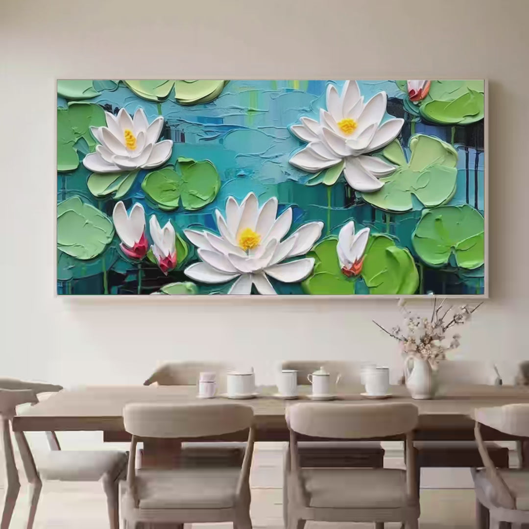 Serene Lotus Pond Impasto Water Lilies Painting Horizontal Wall Art Blue Decor