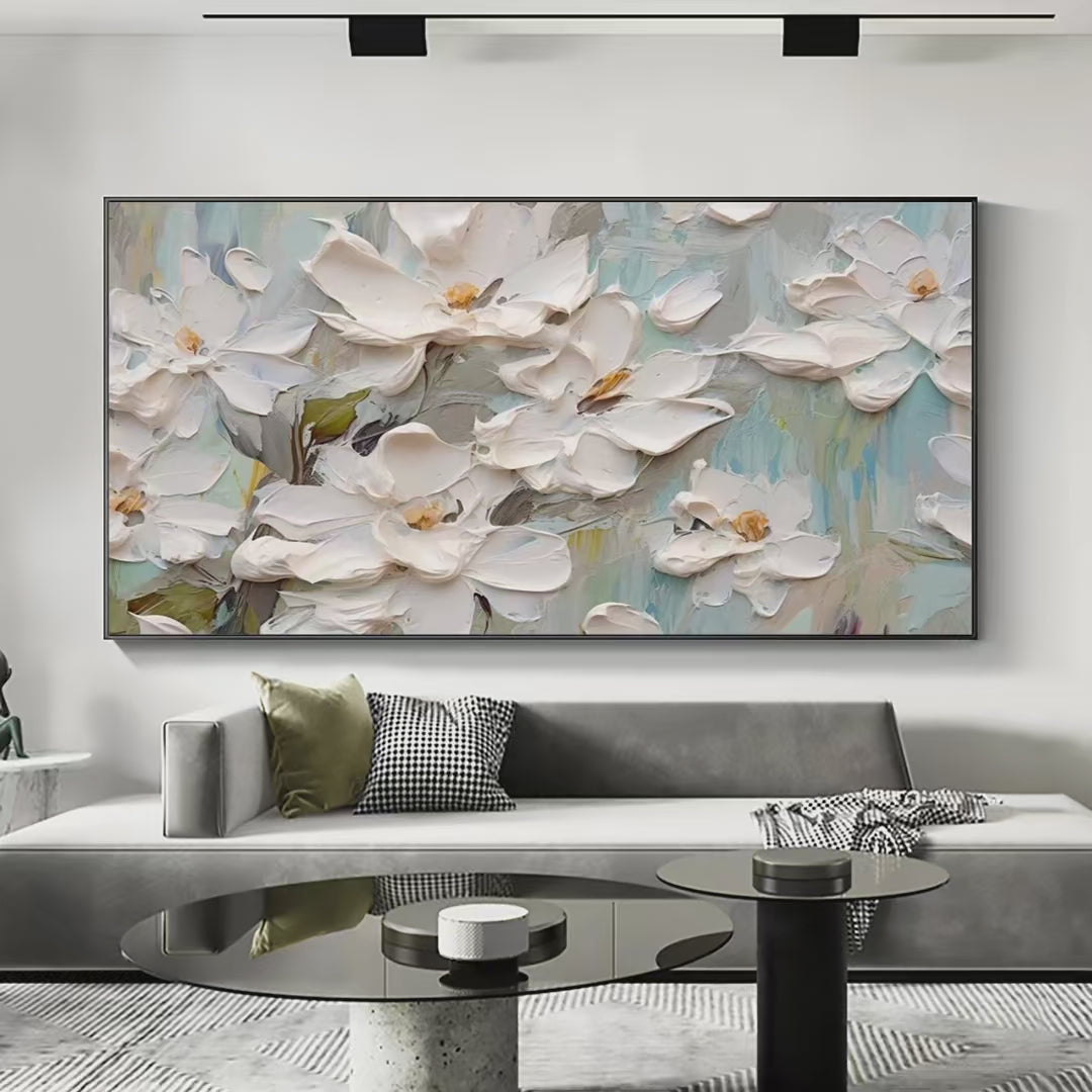WHITE MAGNOLIA BLOSSOMS- Textured Floral Painting, White Flower Wall Art, Panoramic Canvas, Impressionist Decor
