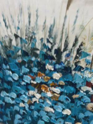 Blue Meadow: Coastal Wildflower Landscape Oil Painting Canvas Wall Art