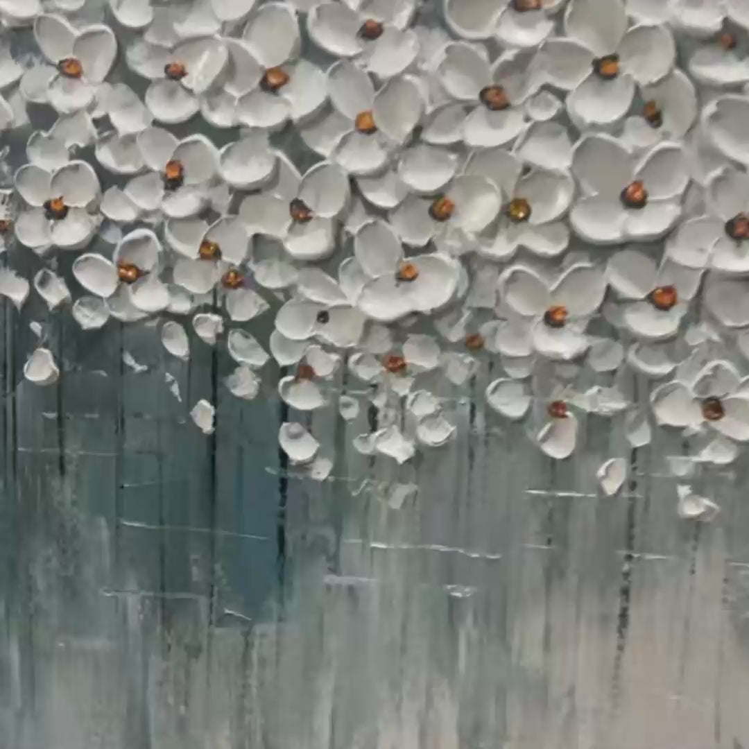 Panoramic Impasto Floral Oil Painting in White and Grey