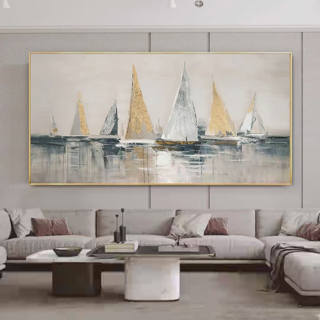 Golden Sailboats Textured Seascape Painting Horizontal Wall Art Coastal Decor