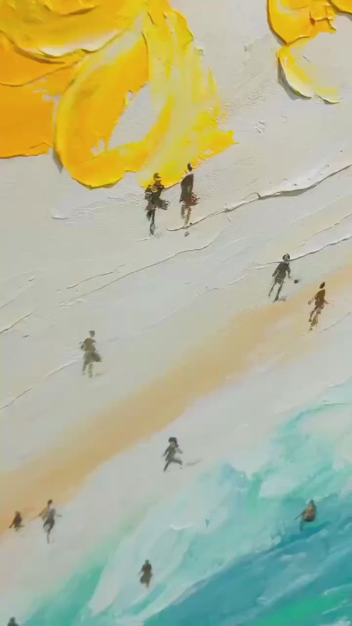 Seaside Reverie: Impasto Beach Scene Oil Painting with Figures on