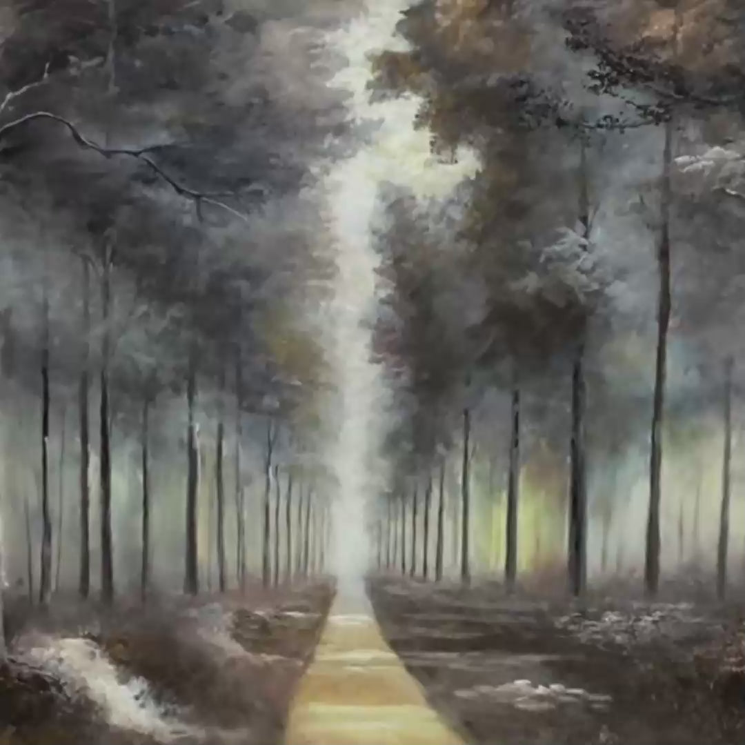 Forest Path: Original Panoramic Misty Forest Oil Painting