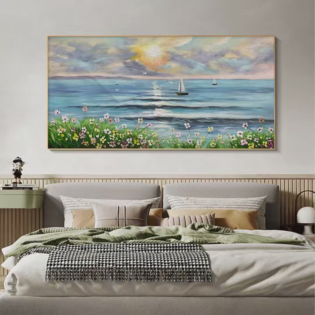 Sunset Sail: Coastal Sunset Painting | Sailboat and Wildflowers | Horizontal Canvas | Ocean Decor