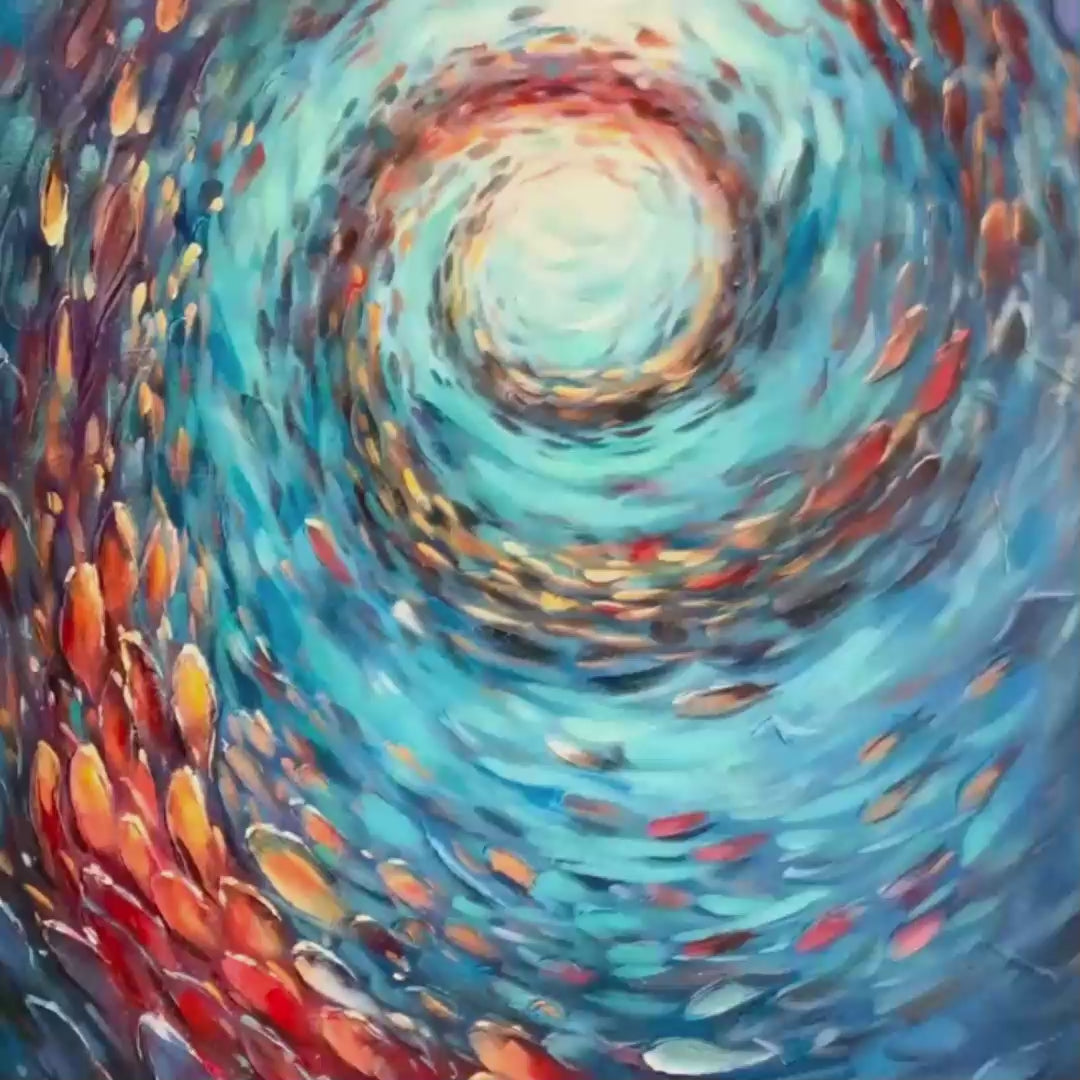 Oceanic Vortex: Vertical Fish Painting | Impasto | Colorful