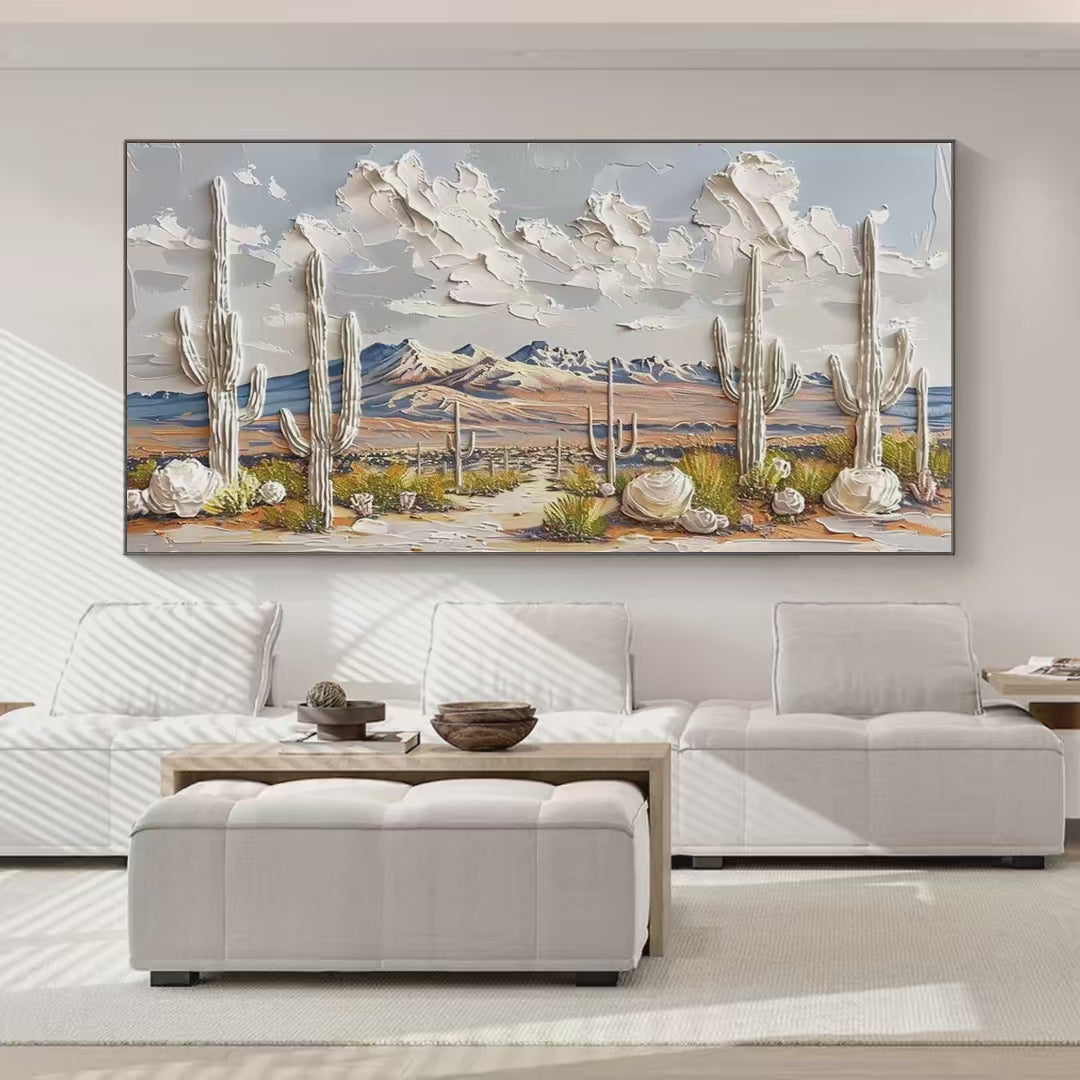 Desert Dream: Textured Desert Landscape Painting | Impasto Wall Art | Horizontal Canvas | Cactus Decor