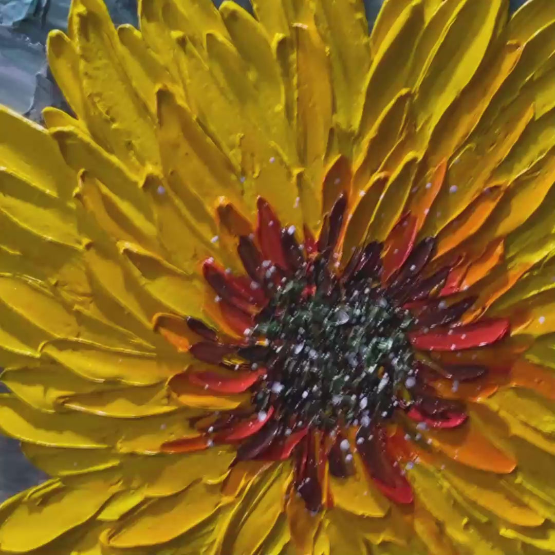 Solar Bloom: Textured Impasto Sunflower Oil Painting Canvas Wall Art Decor in Yellow and Grey