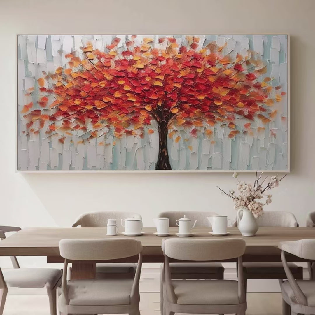 Autumn Fire: Textured Impasto Painting of a Tree in Orange and Red | Tree Decor