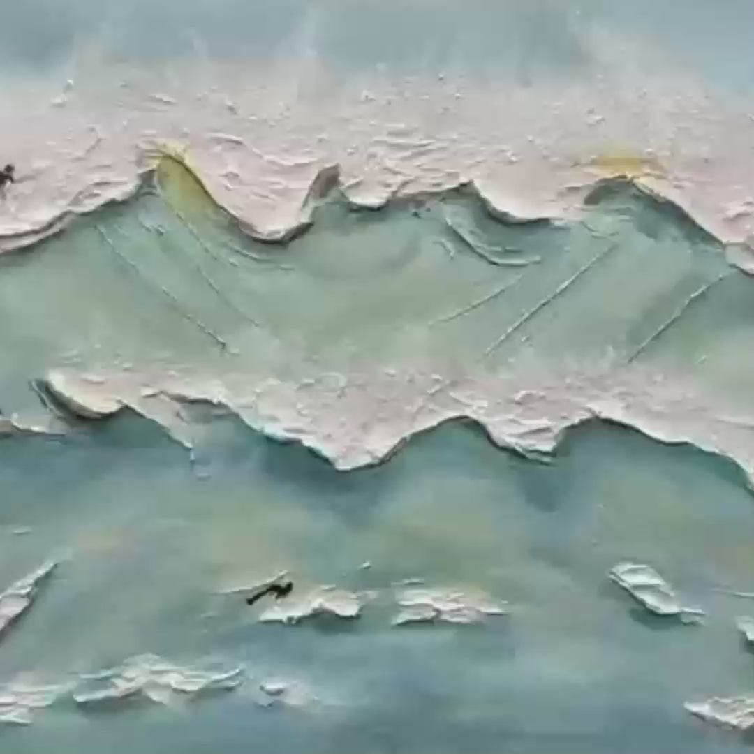 Ocean's Heartbeat panoramic painting: surfers on dynamic blue waves. Textured brushstrokes by Liam O'Connell.