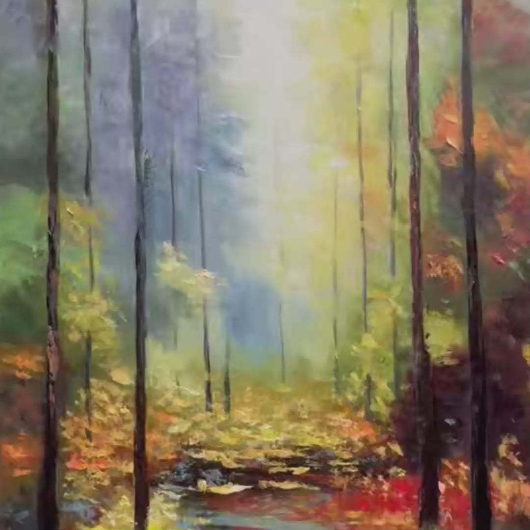 Vertical Landscape Oil Painting, Forest Scene with Stream, Fall Colors, Nature Wall Art
