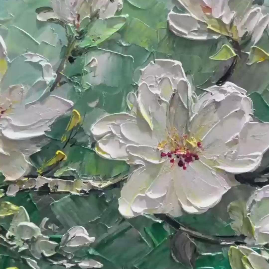 Impasto painting: White magnolias textured on teal background, for living room decor.