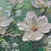 Impasto painting: White magnolias textured on teal background, for living room decor.