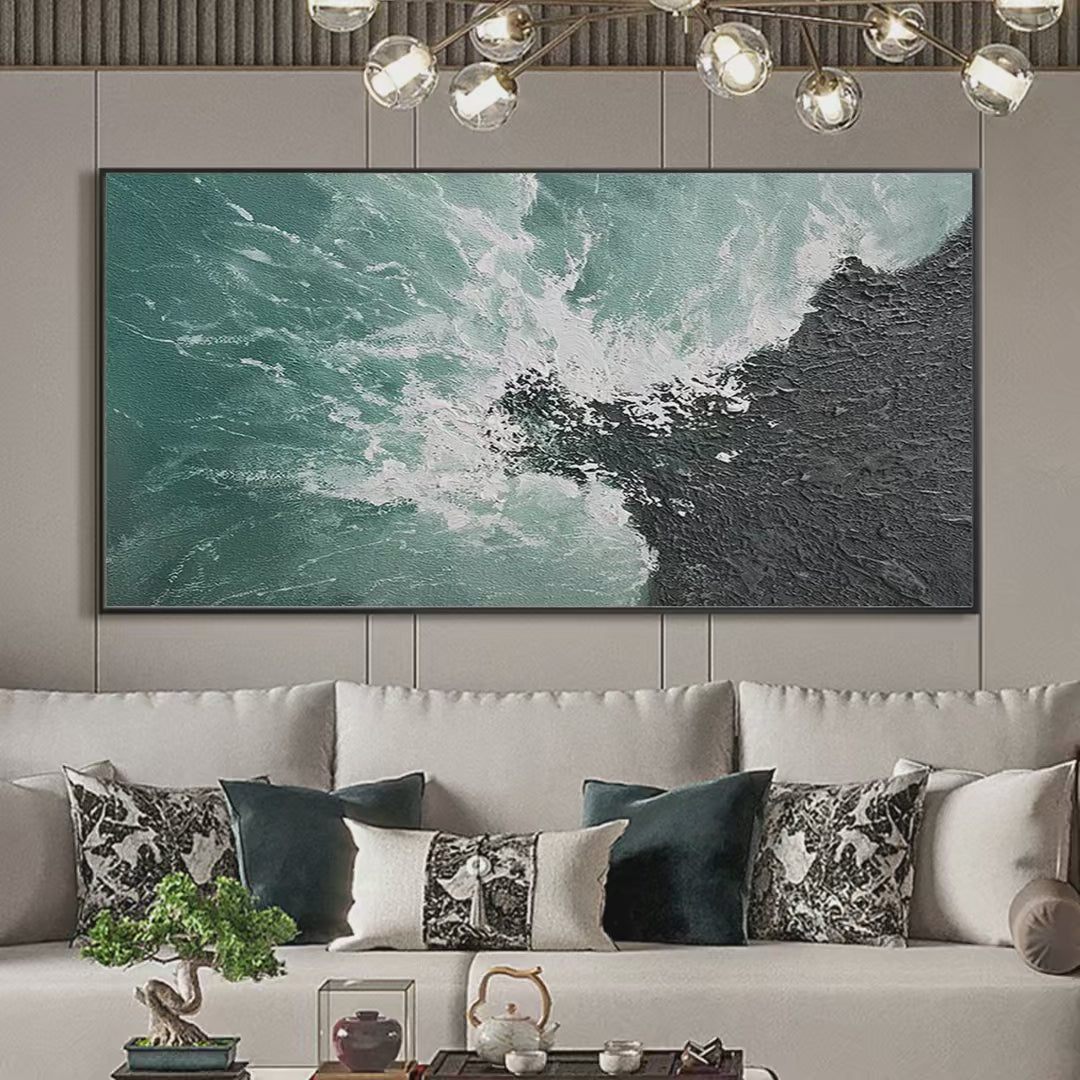 Turquoise Crash: Textured Abstract Seascape Painting in Teal and Black | Ocean Decor