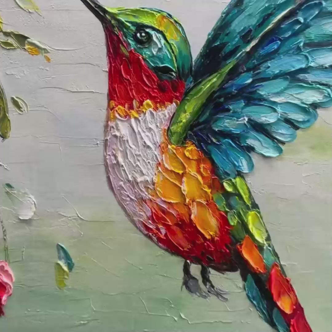 HUMMINGBIRD RADIANCE: Impasto Wildlife Bird Oil Painting