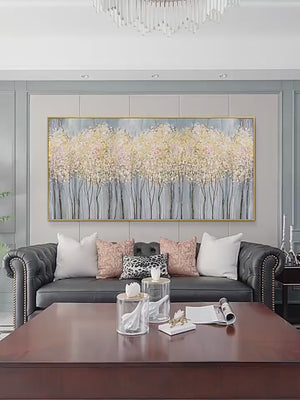 Golden Haze: Panoramic Landscape Painting | Textured Trees | Gold, Blue | Living Room, Bedroom, Office